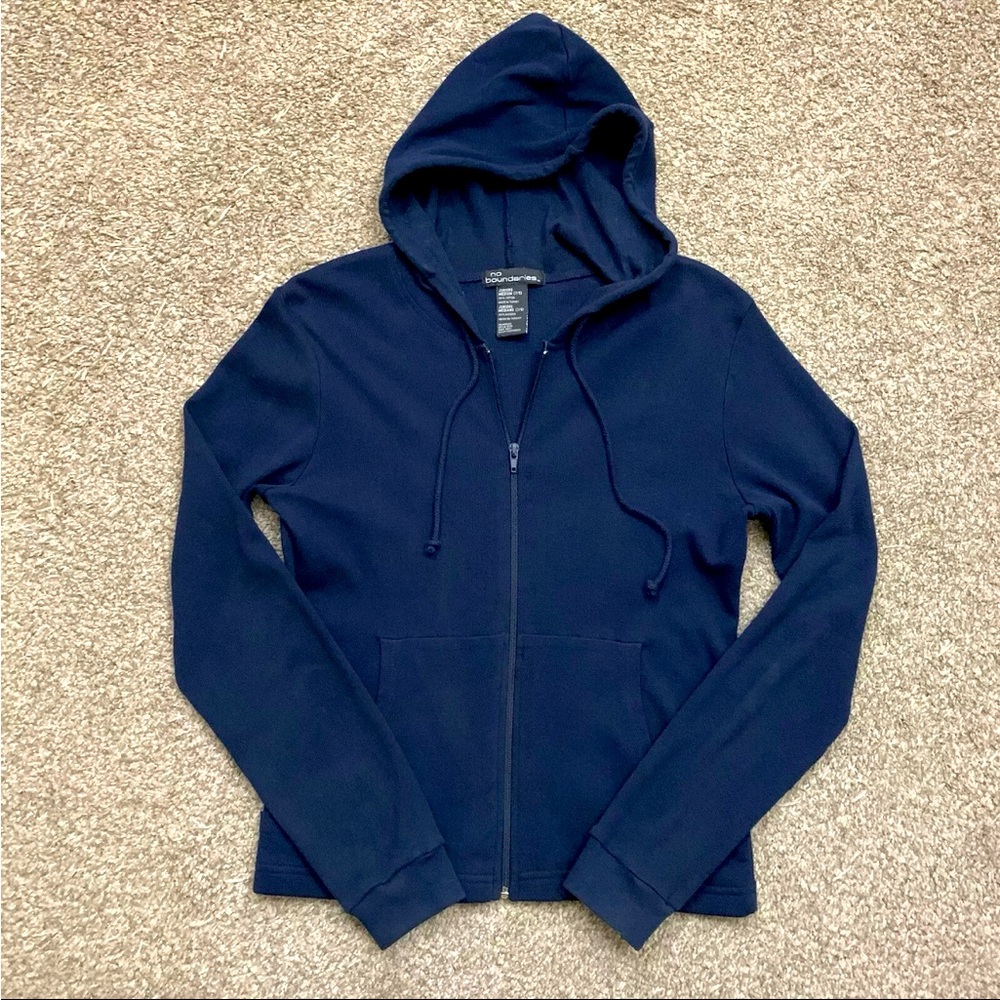 Vintage No Boundaries Jacket Juniors Medium Blue Casual Hoodie Zip Pockets Y2K